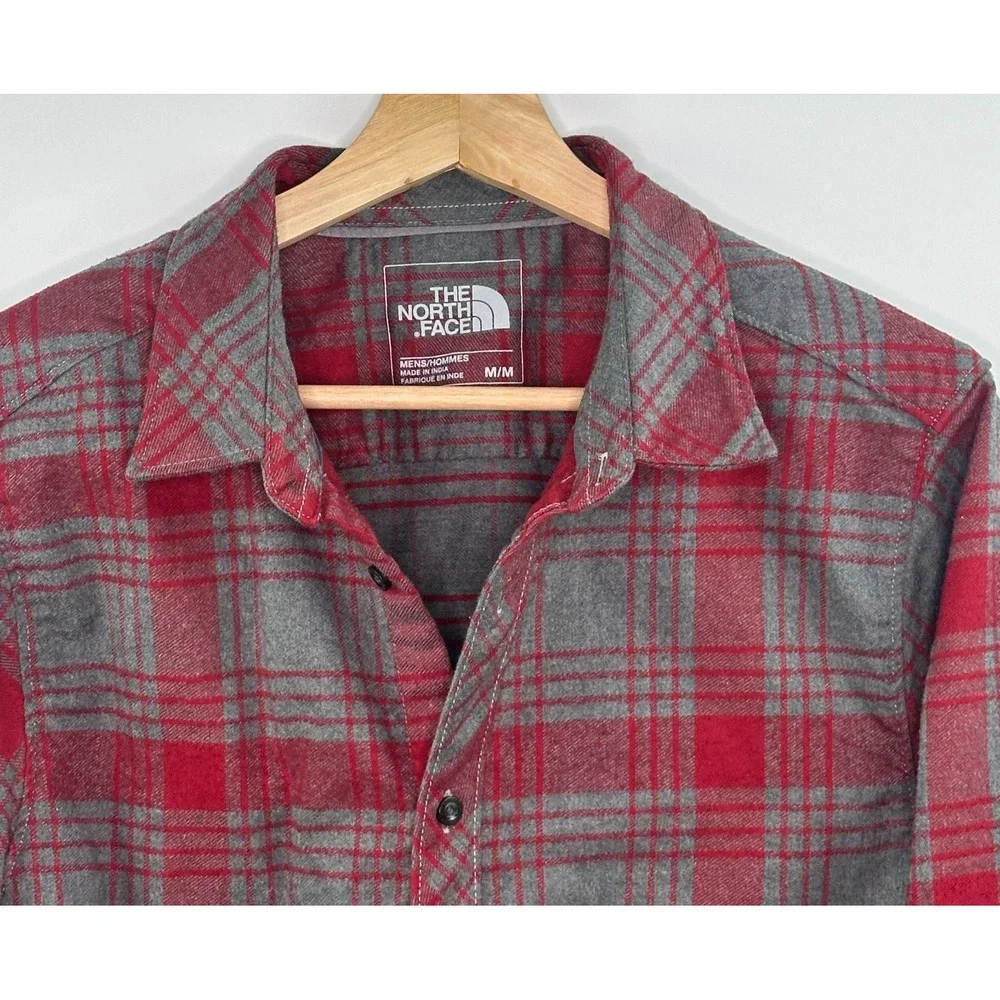 The North Face Mens Flannel Shirt M Red Gray Plaid Long Sleeve Button Up